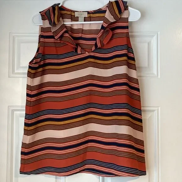 Loft Sleeveless Ruffle Collar Striped Blouse Size Small - Picture 1 of 8
